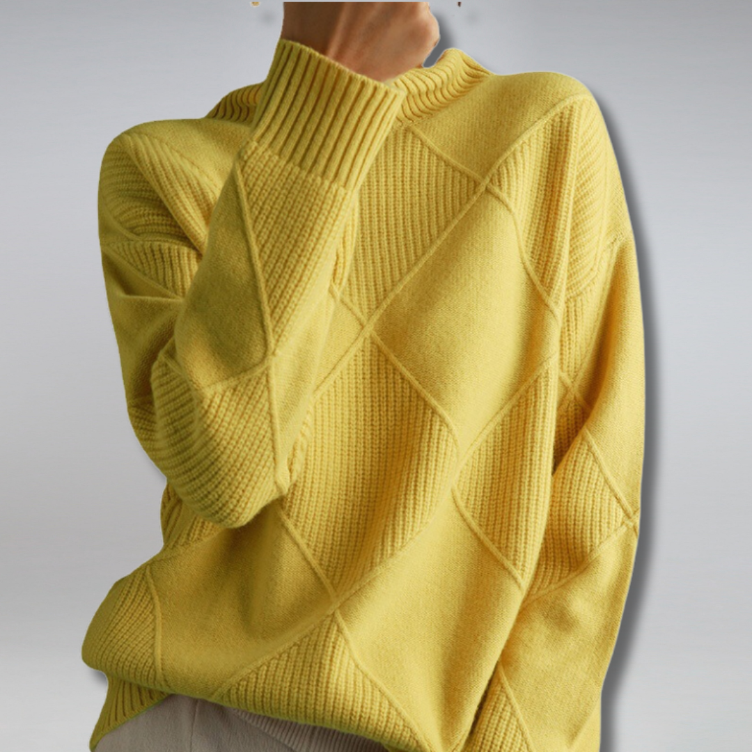Yellow oversized turtleneck sweater close-up on shoulder, back view