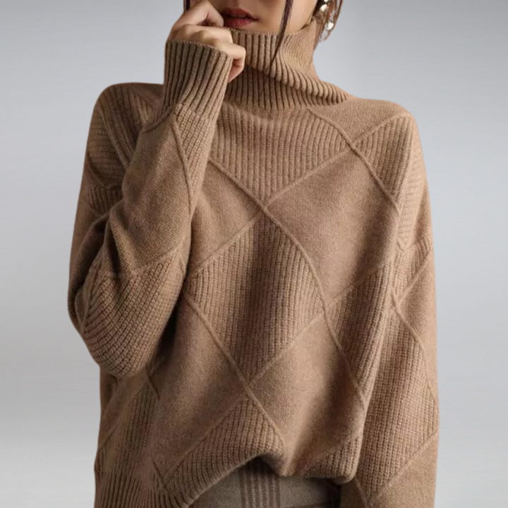 Camel turtleneck sweater with diamond knit pattern, front view