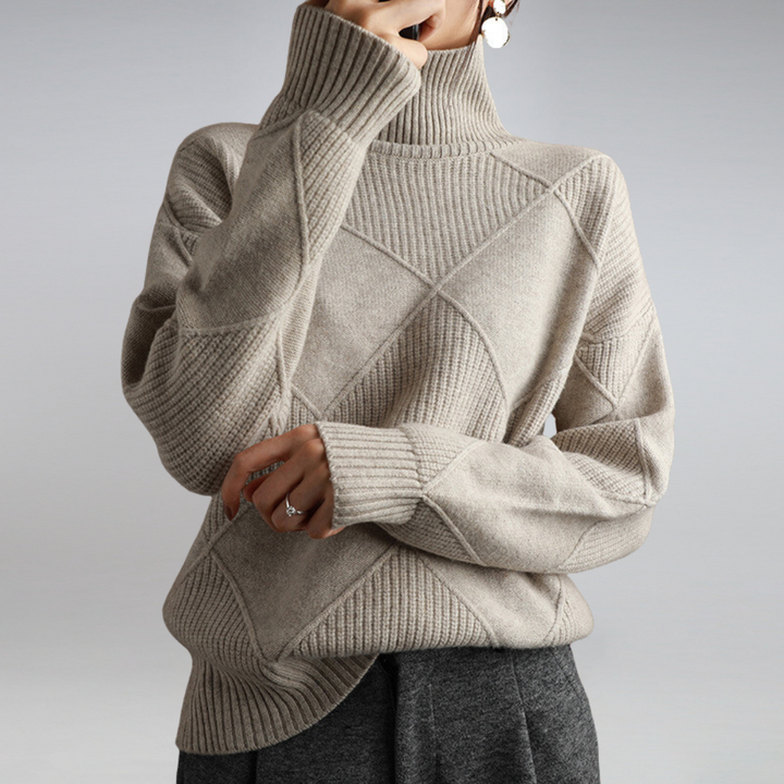 Beige turtleneck sweater with diamond knit texture, front view