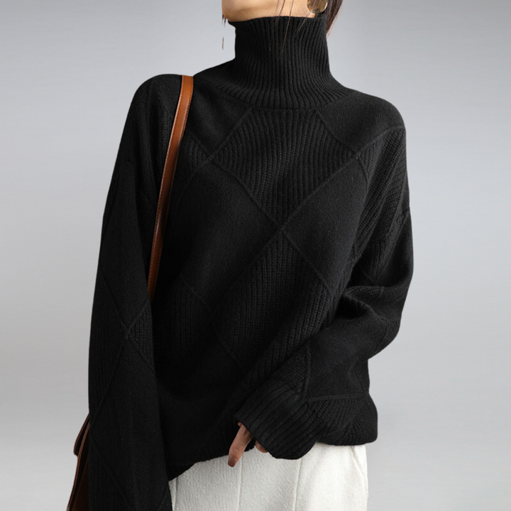 Black turtleneck sweater with ribbed cuffs, side view