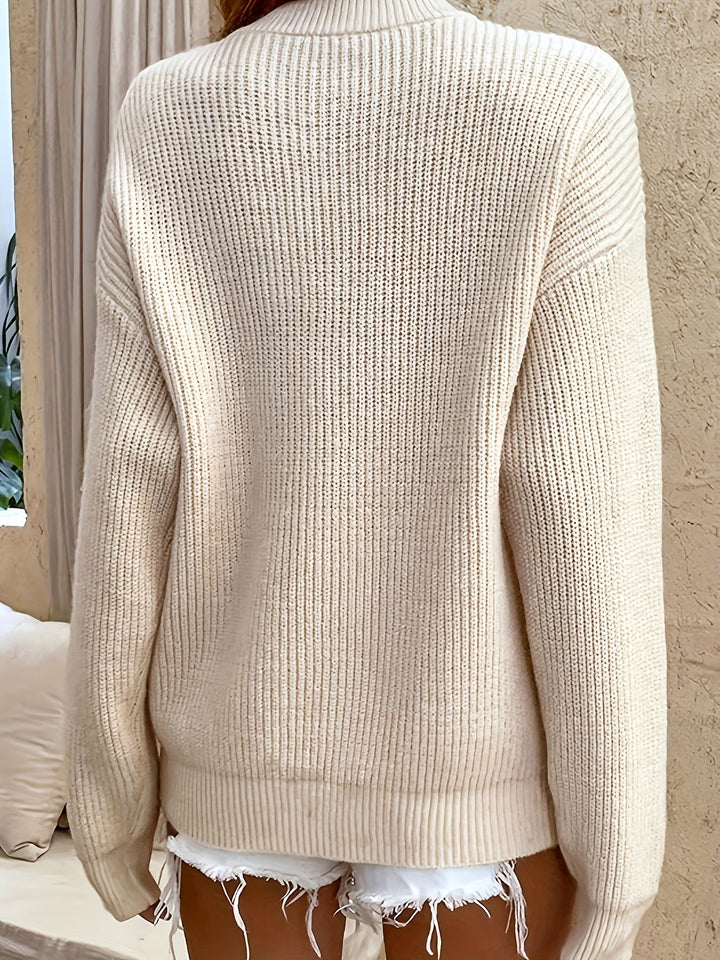 Camille black ribbed button neck sweater, front view