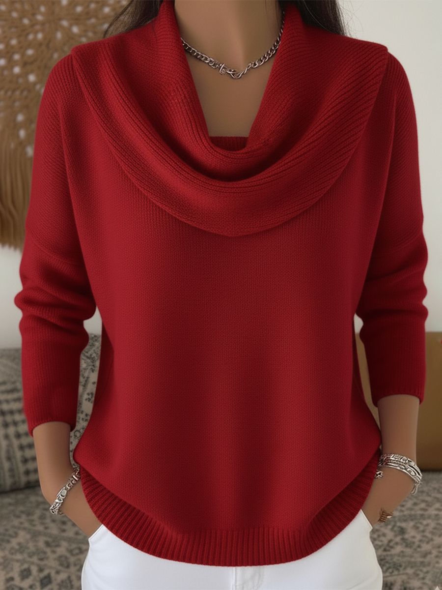 Carolia cowl neck long sleeve sweater in red, front view