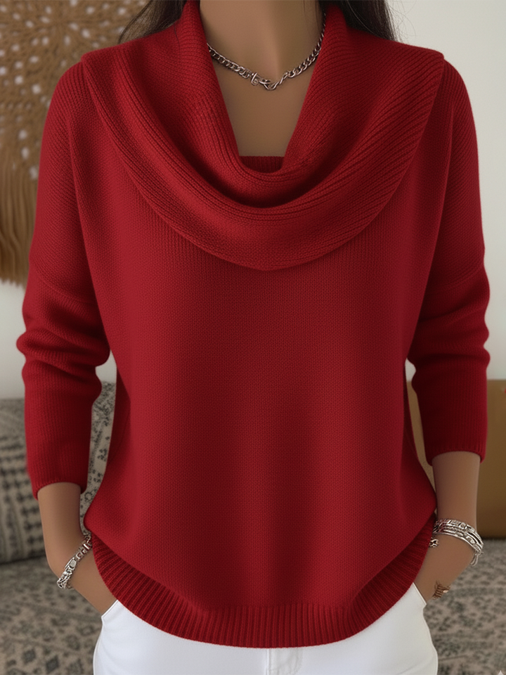 Carolia cowl neck long sleeve sweater in red, front view