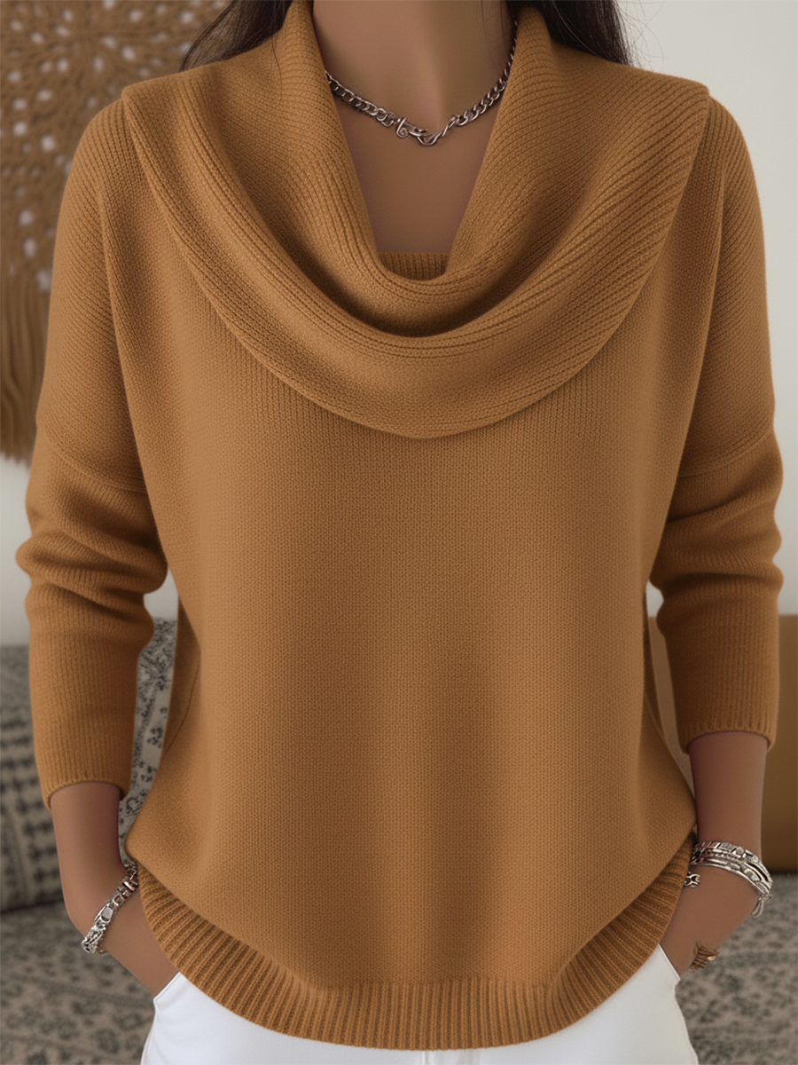Carolia cowl neck long sleeve sweater in camel, front view