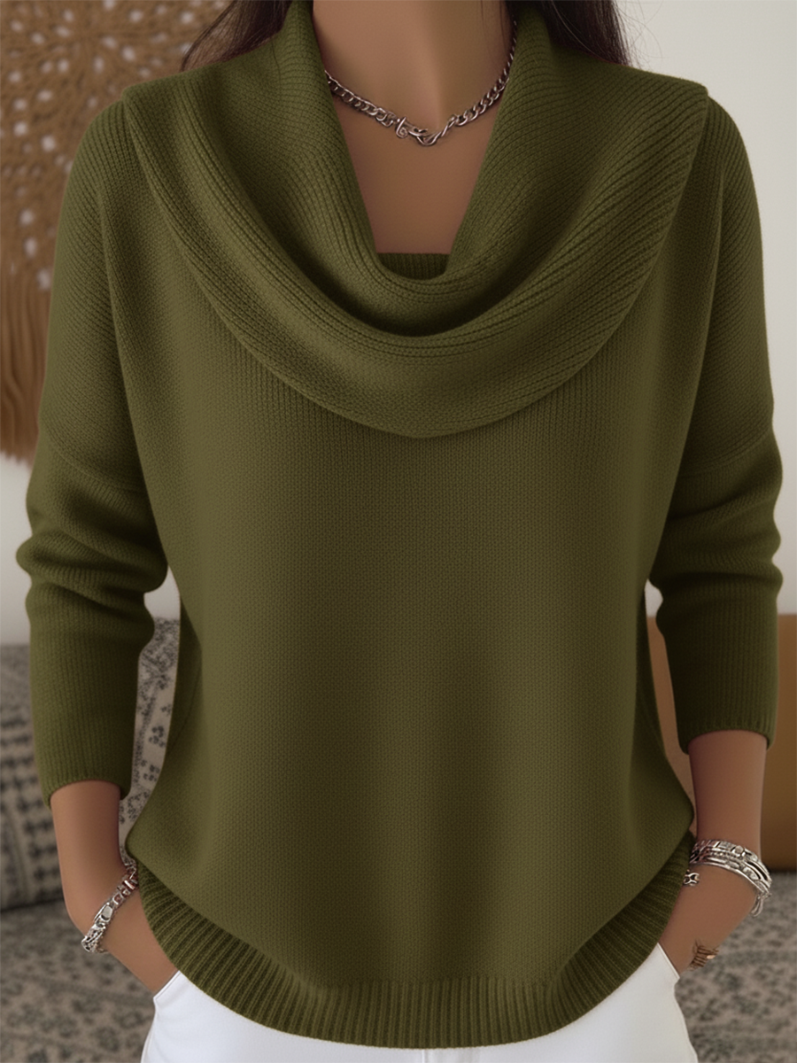 Carolia cowl neck long sleeve sweater in olive green, front view
