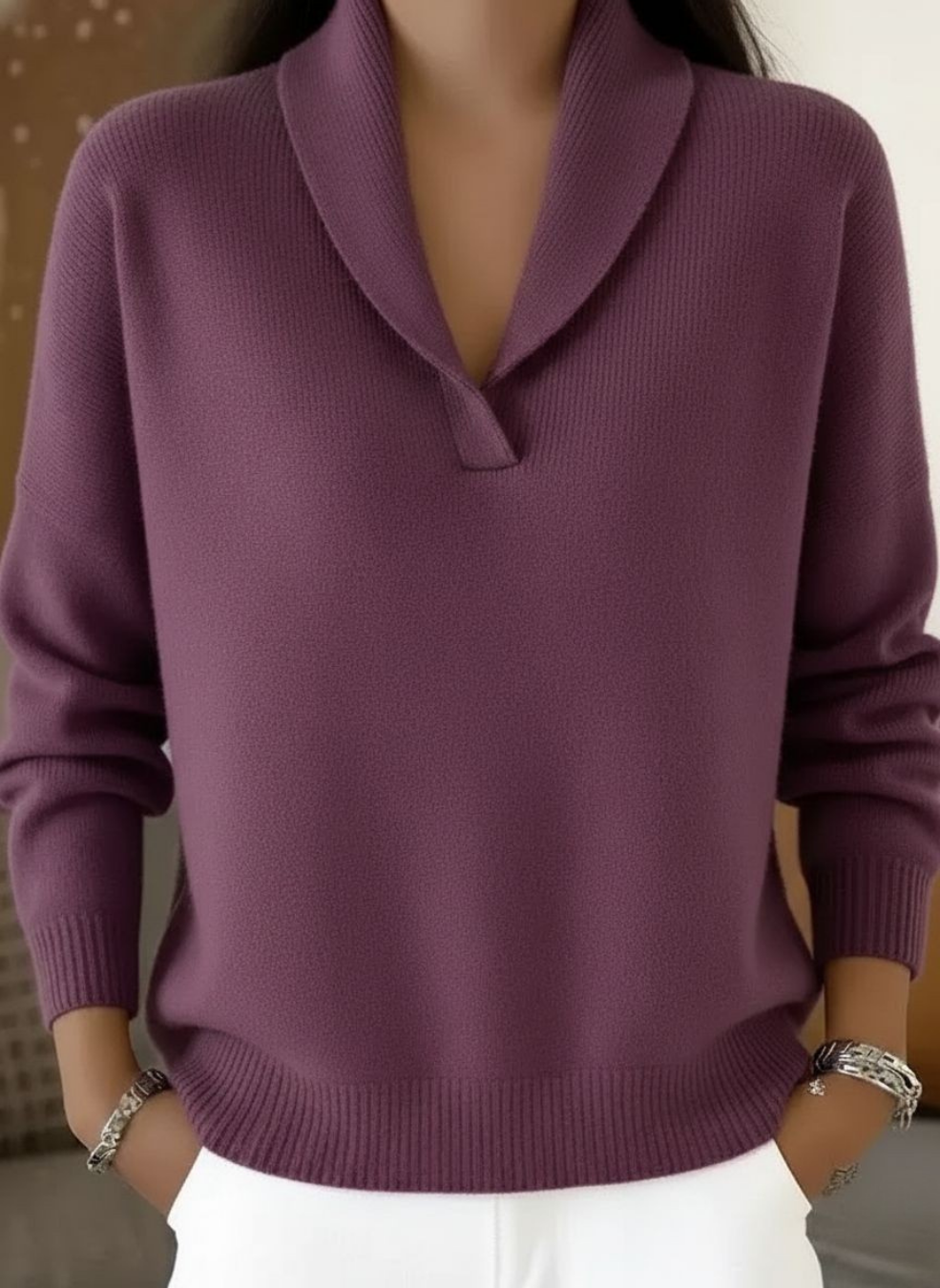 Charlotte V-neck sweater in purple, front view