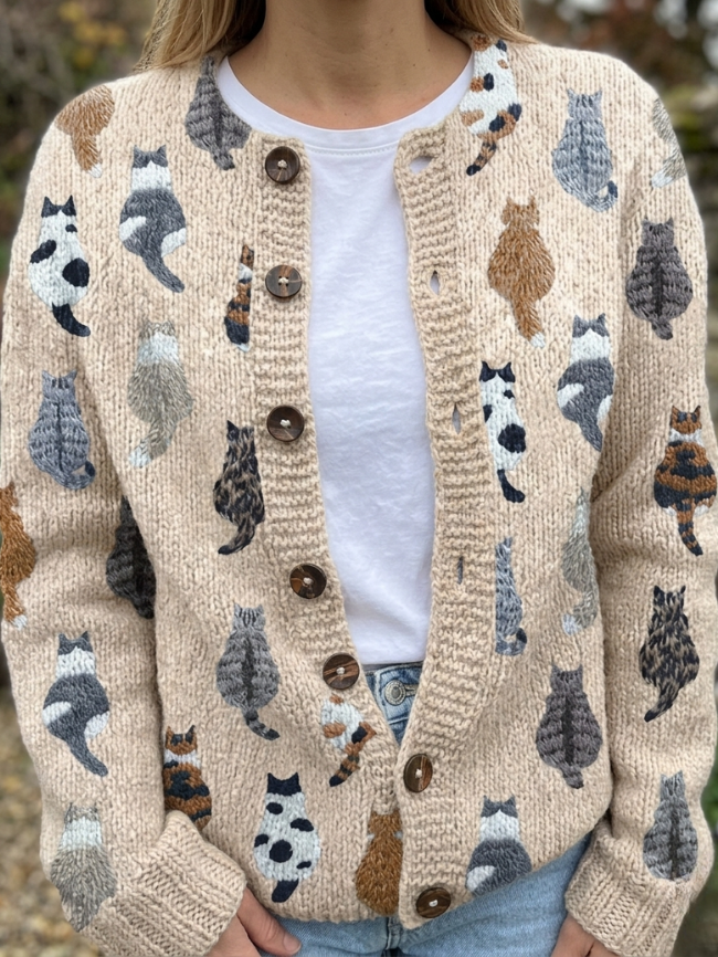 Clementine beige cat print button down cardigan, close-up front view