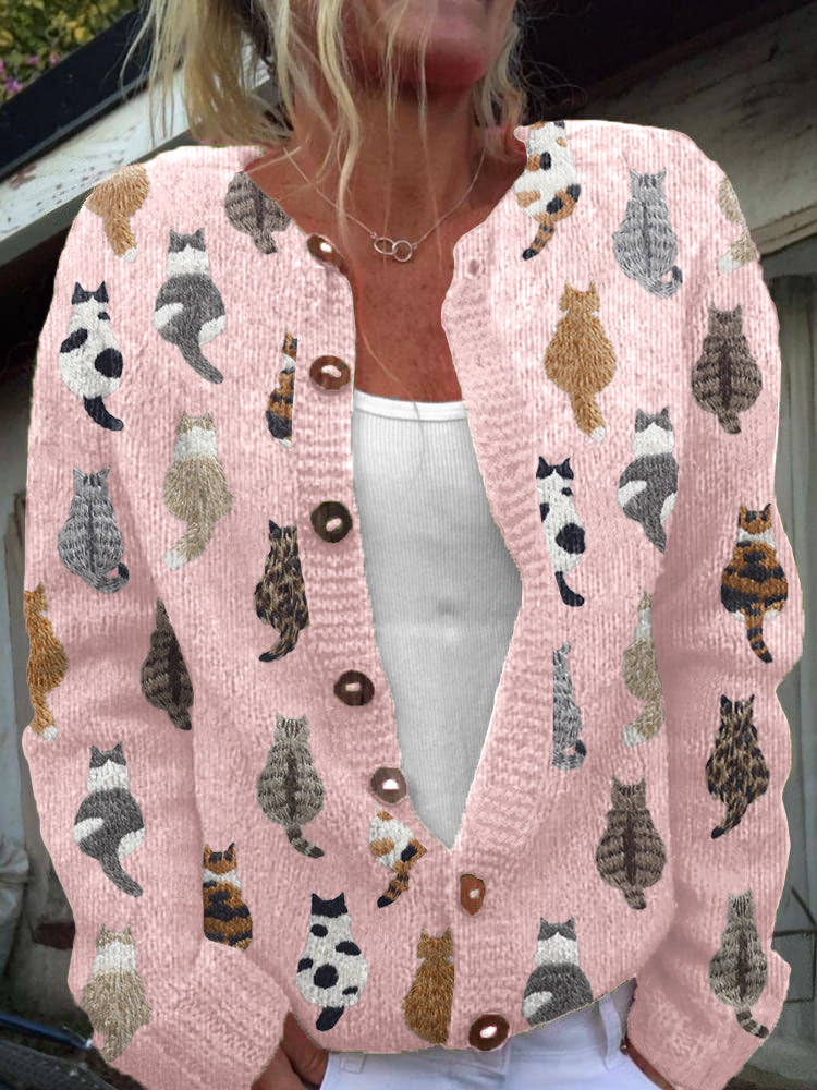 Clementine pink cat print knit cardigan, front view