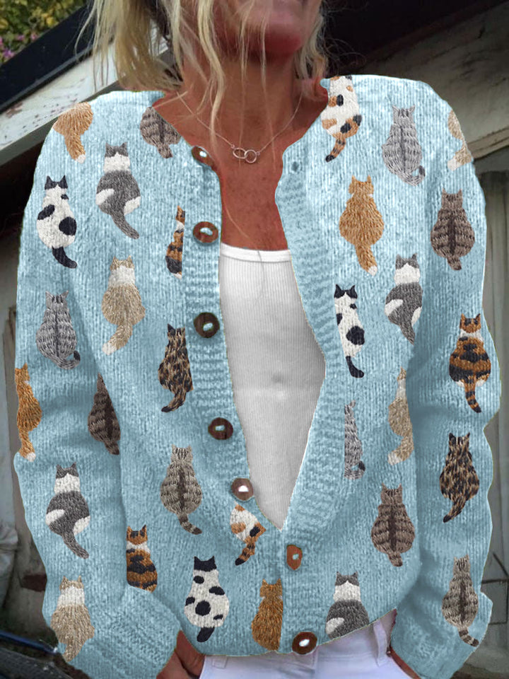 Clementine light blue cat print knit cardigan, front view