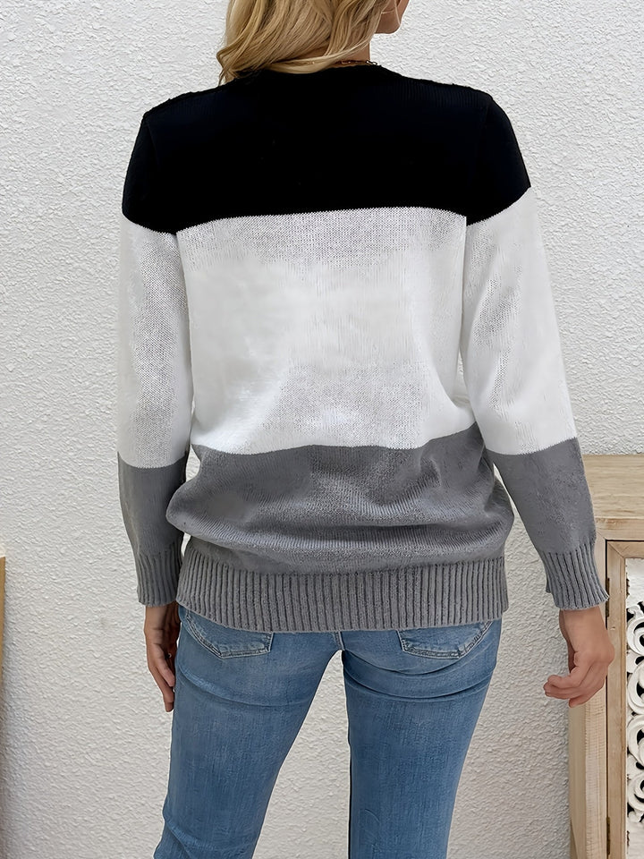 Colette colorblock cardigan, back view showing color panels
