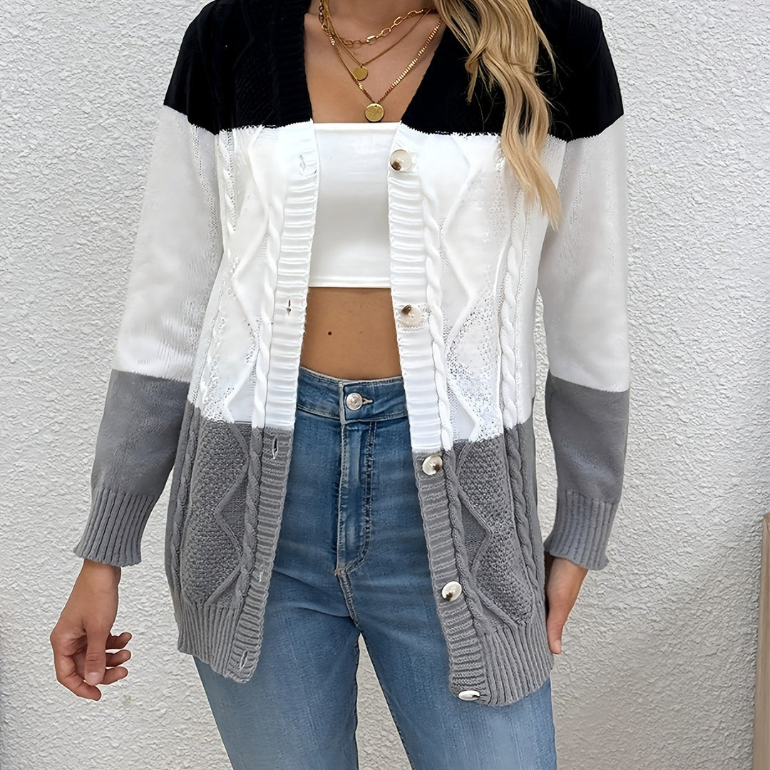 Colette black white gray cardigan, close-up front view with jeans