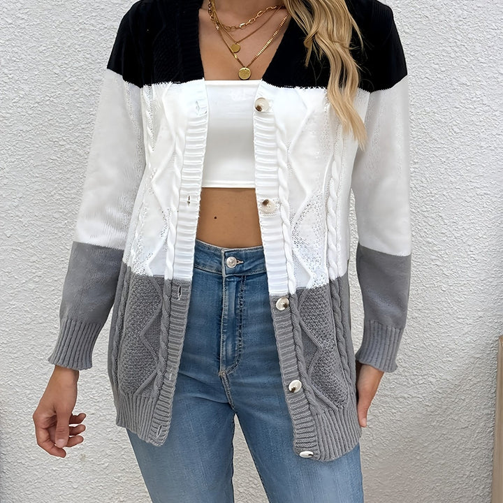 Colette black white gray cardigan, close-up front view with jeans