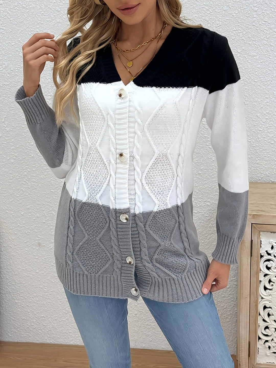 Colette black white gray cardigan, front view close-up