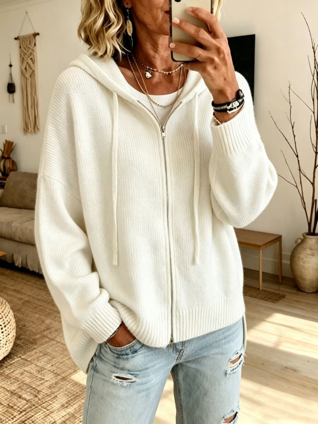 Cordelia black chunky knit zip hooded cardigan, front view