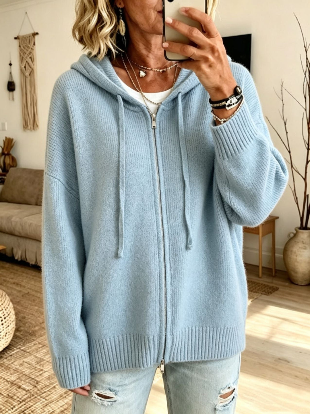 Cordelia black chunky knit zip hooded cardigan, front view