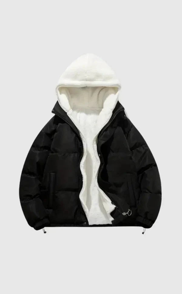 Cordelia black sherpa hood puffer jacket, front view with hood up