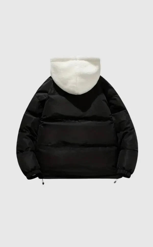 Cordelia black quilted puffer jacket, back view with sherpa hood