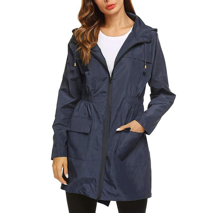 Corinne hooded lightweight rain jacket in navy, front view