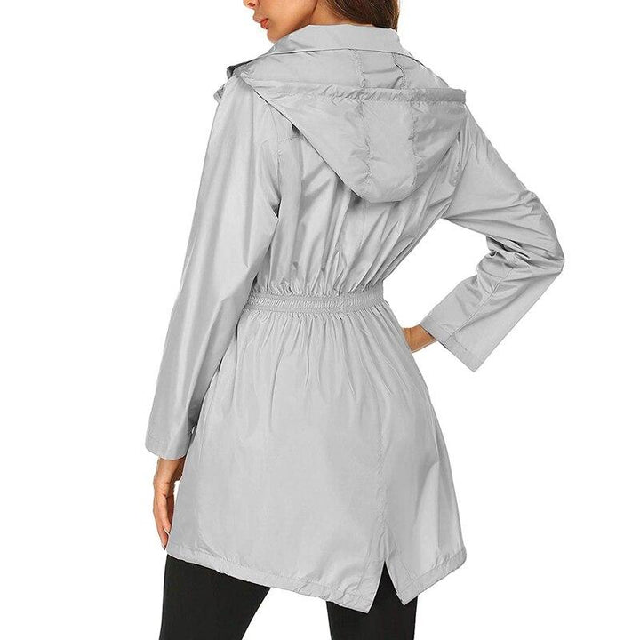 Corinne hooded lightweight rain jacket in black, close-up front view