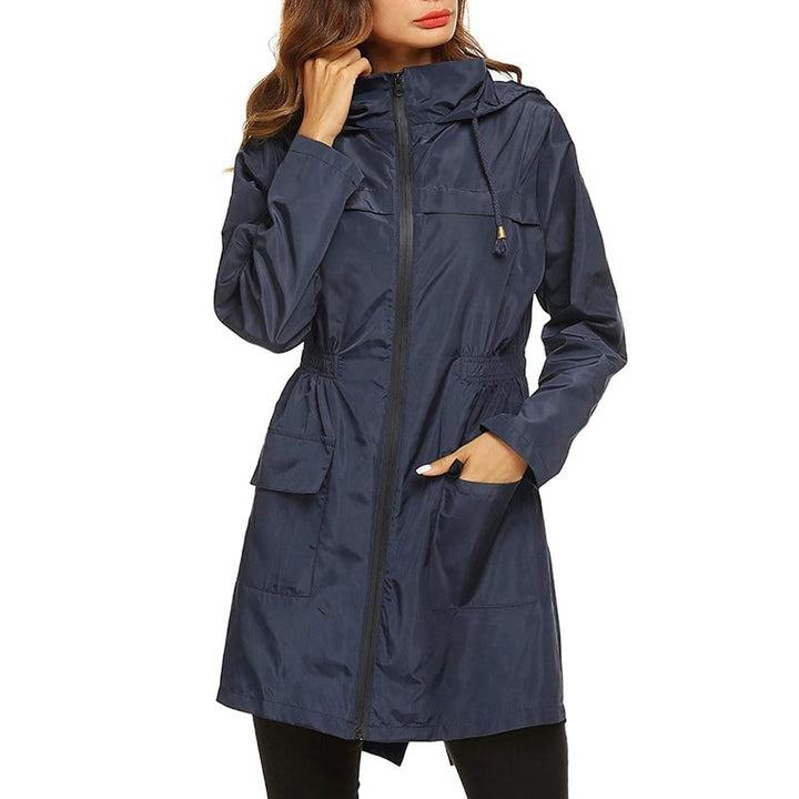 Corinne hooded lightweight rain jacket in black, close-up front view