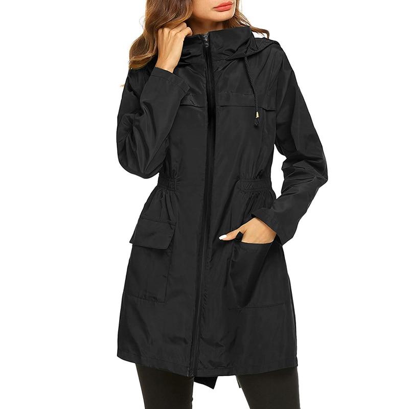 Corinne hooded lightweight rain jacket in black, close-up front view