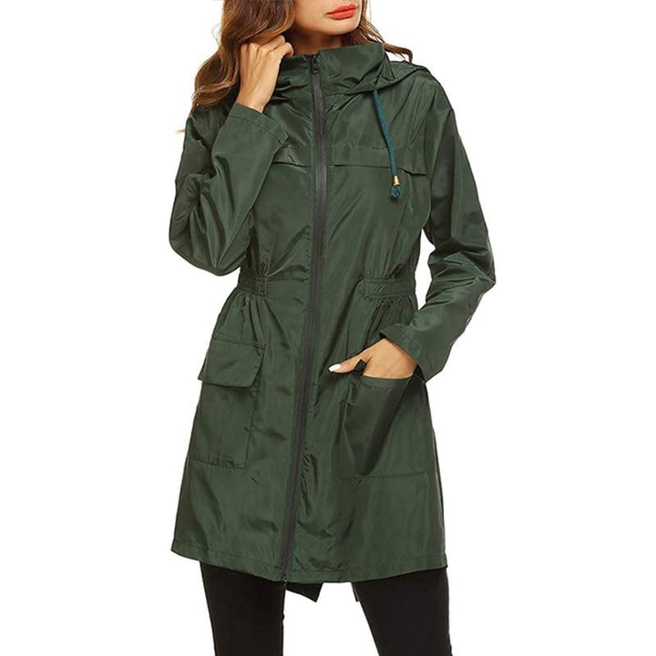 Corinne hooded lightweight rain jacket in black, close-up front view
