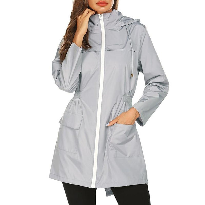 Corinne hooded lightweight rain jacket in black, close-up front view