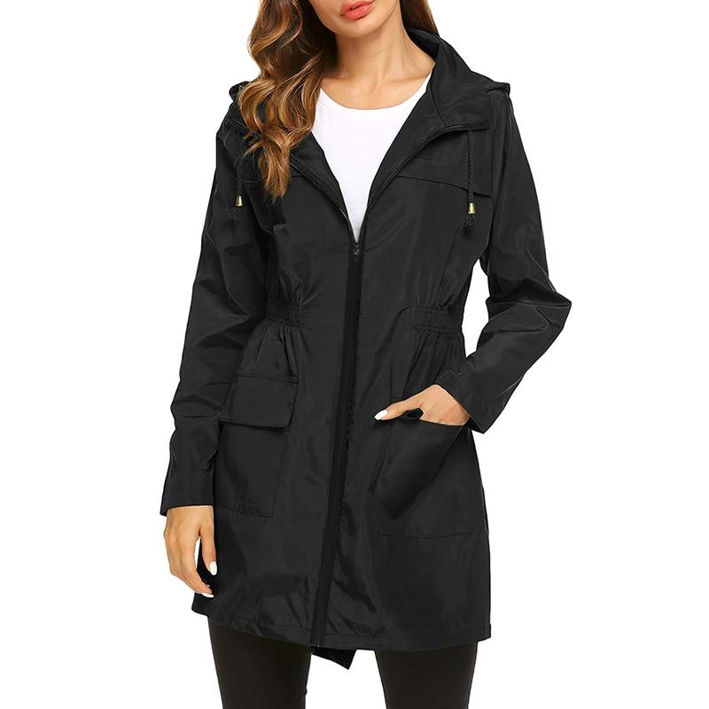 Corinne hooded lightweight rain jacket in black, front view