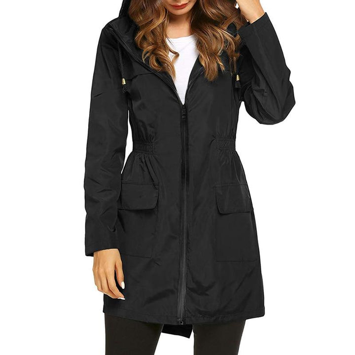 Corinne hooded lightweight rain jacket in black, close-up front view