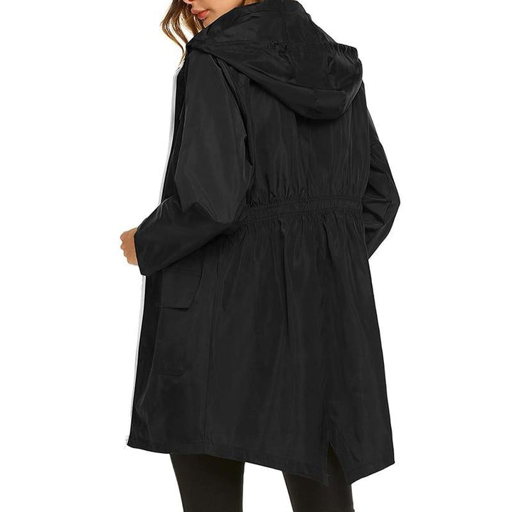 Corinne hooded lightweight rain jacket in black, close-up front view