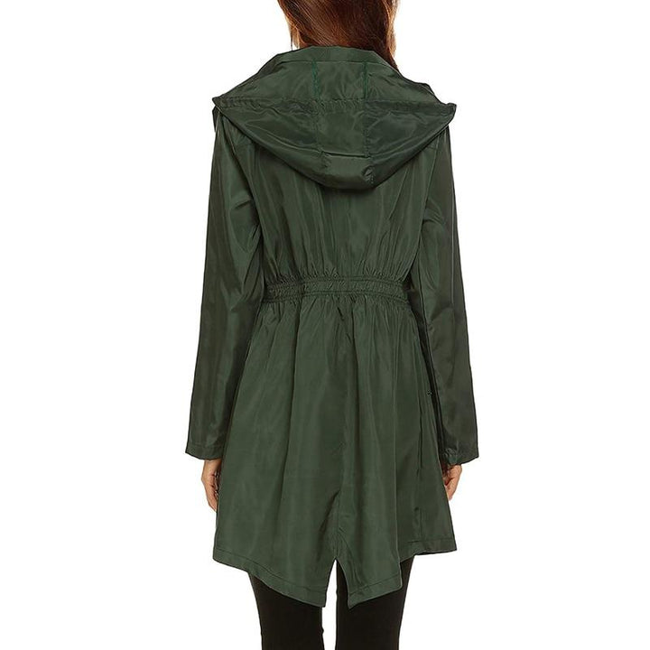 Corinne hooded lightweight rain jacket in black, close-up front view