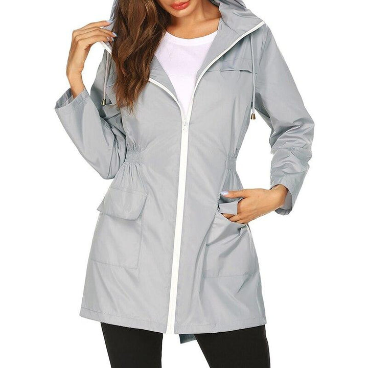 Corinne hooded lightweight rain jacket in black, close-up front view
