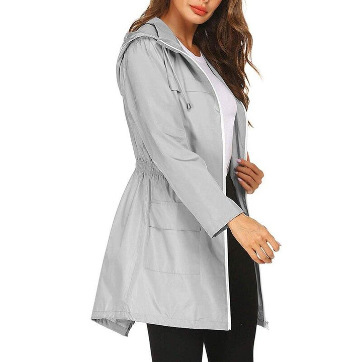 Corinne hooded lightweight rain jacket in black, close-up front view