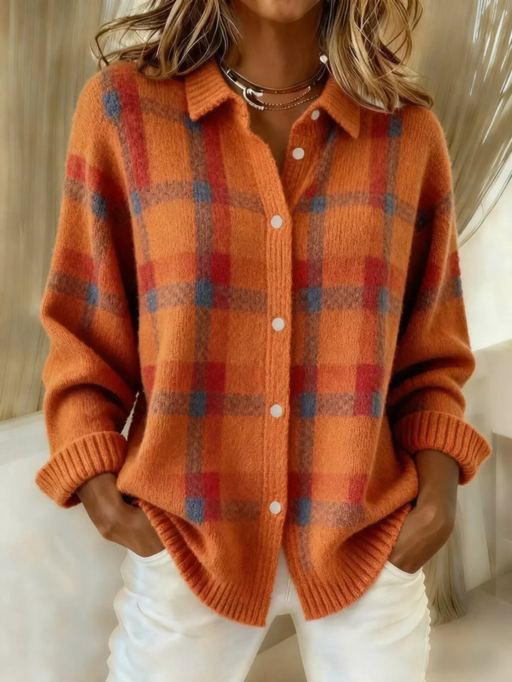 Danique plaid button-up cardigan in orange, front view