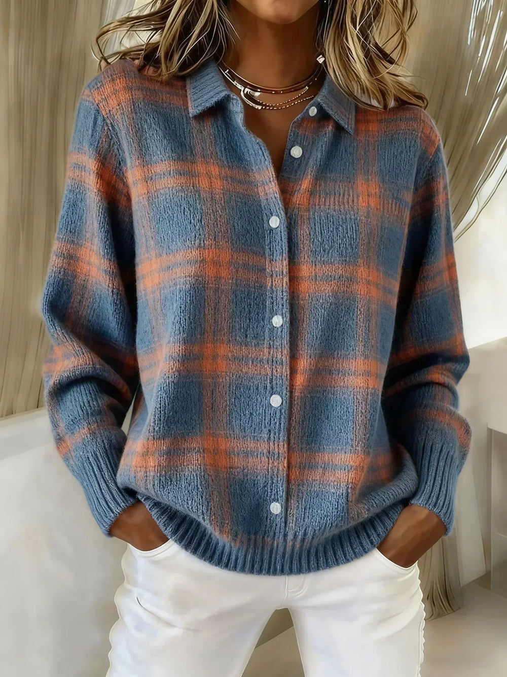 Danique plaid button-up cardigan in blue and orange, front view