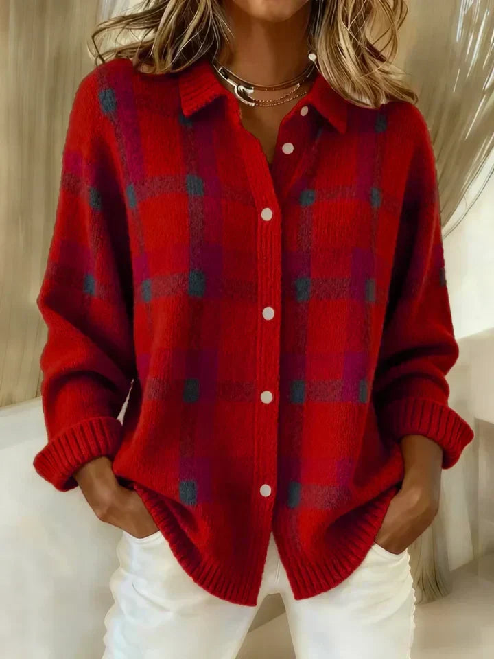 Danique plaid button-up cardigan in red, front view