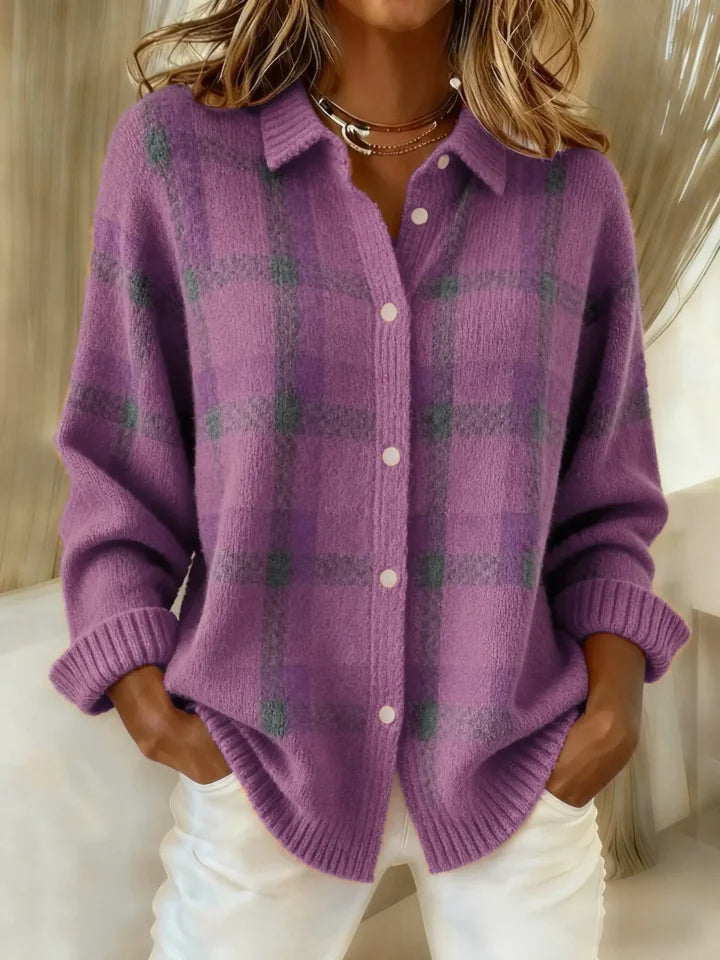 Danique plaid button-up cardigan in purple, front view