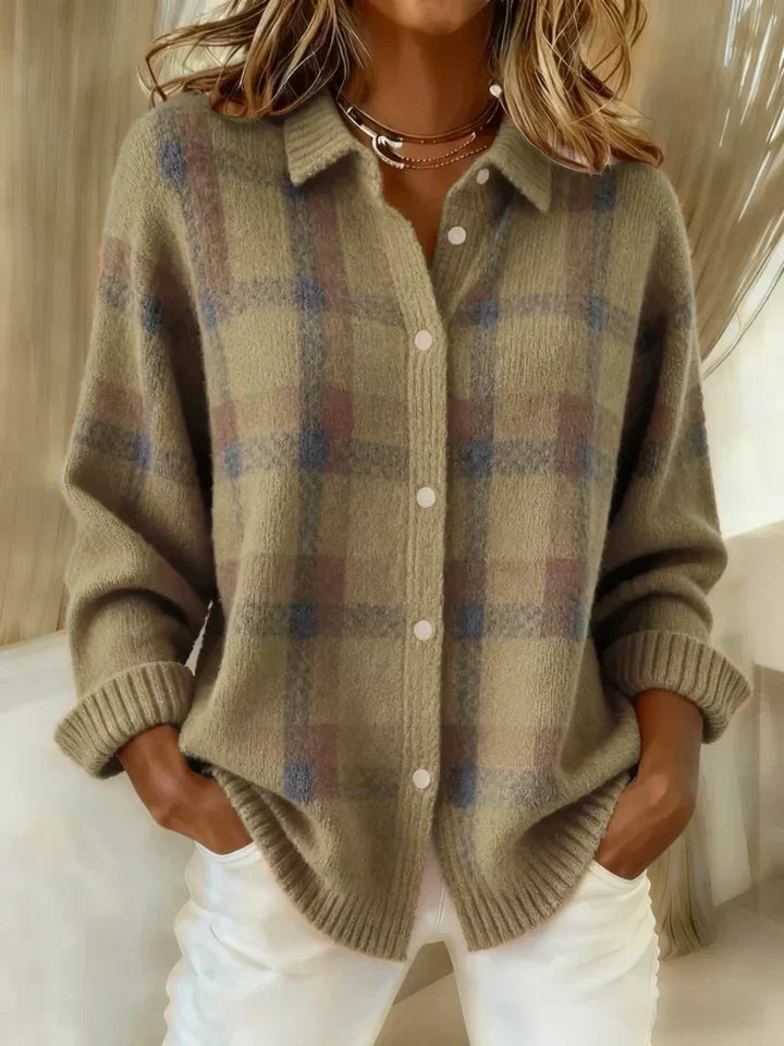 Danique plaid button-up cardigan in taupe, front view