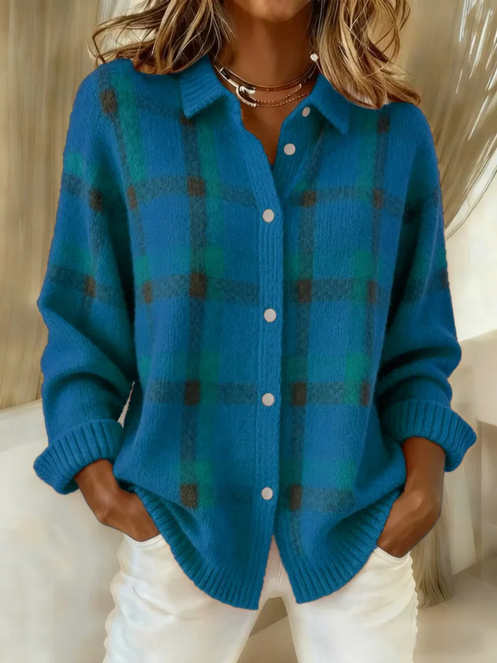Danique plaid button-up cardigan in blue, front view