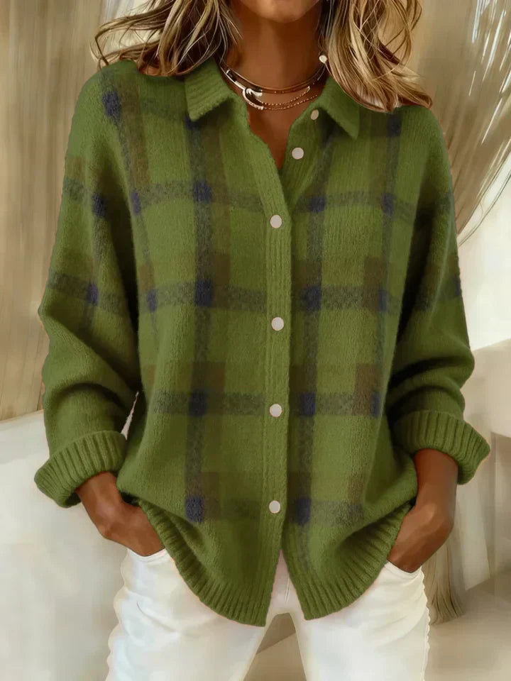 Danique plaid button-up cardigan in green, front view