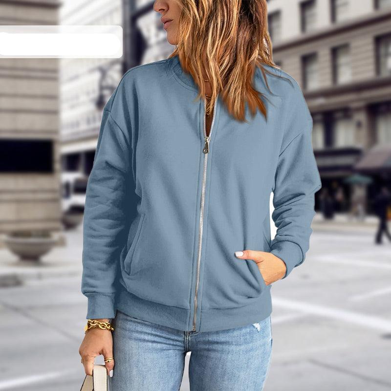Della relaxed fit bomber jacket in light blue, front view with zipper detail