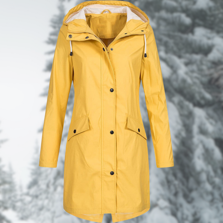 Delphine yellow hooded rain jacket, front view