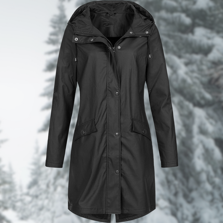 Delphine black hooded rain jacket, front view