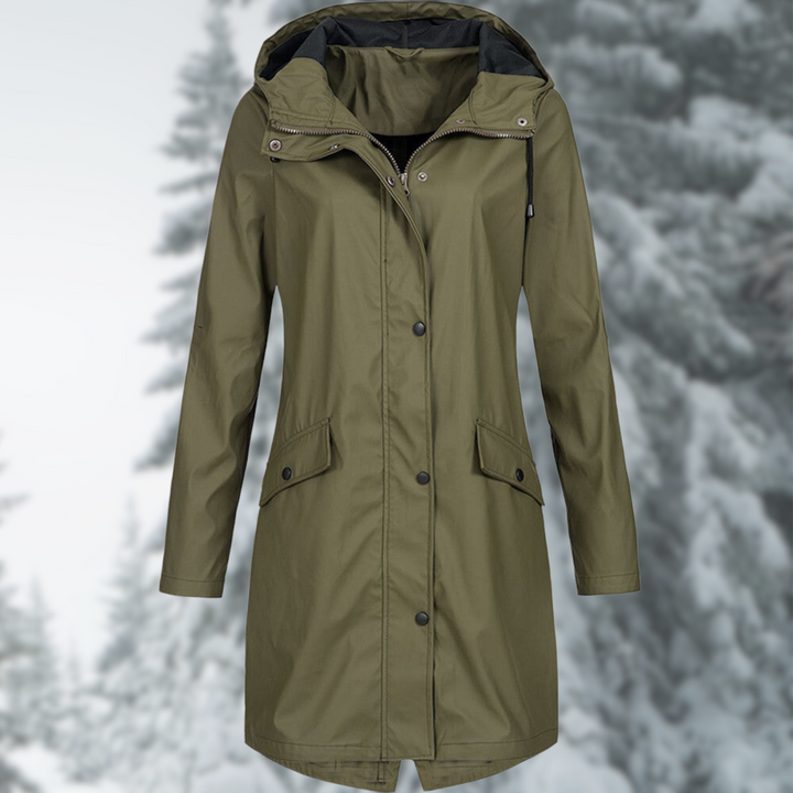 Delphine dark green hooded rain jacket, front view