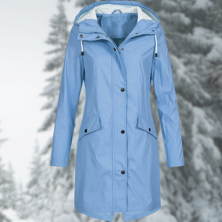 Delphine light blue hooded rain jacket, front view