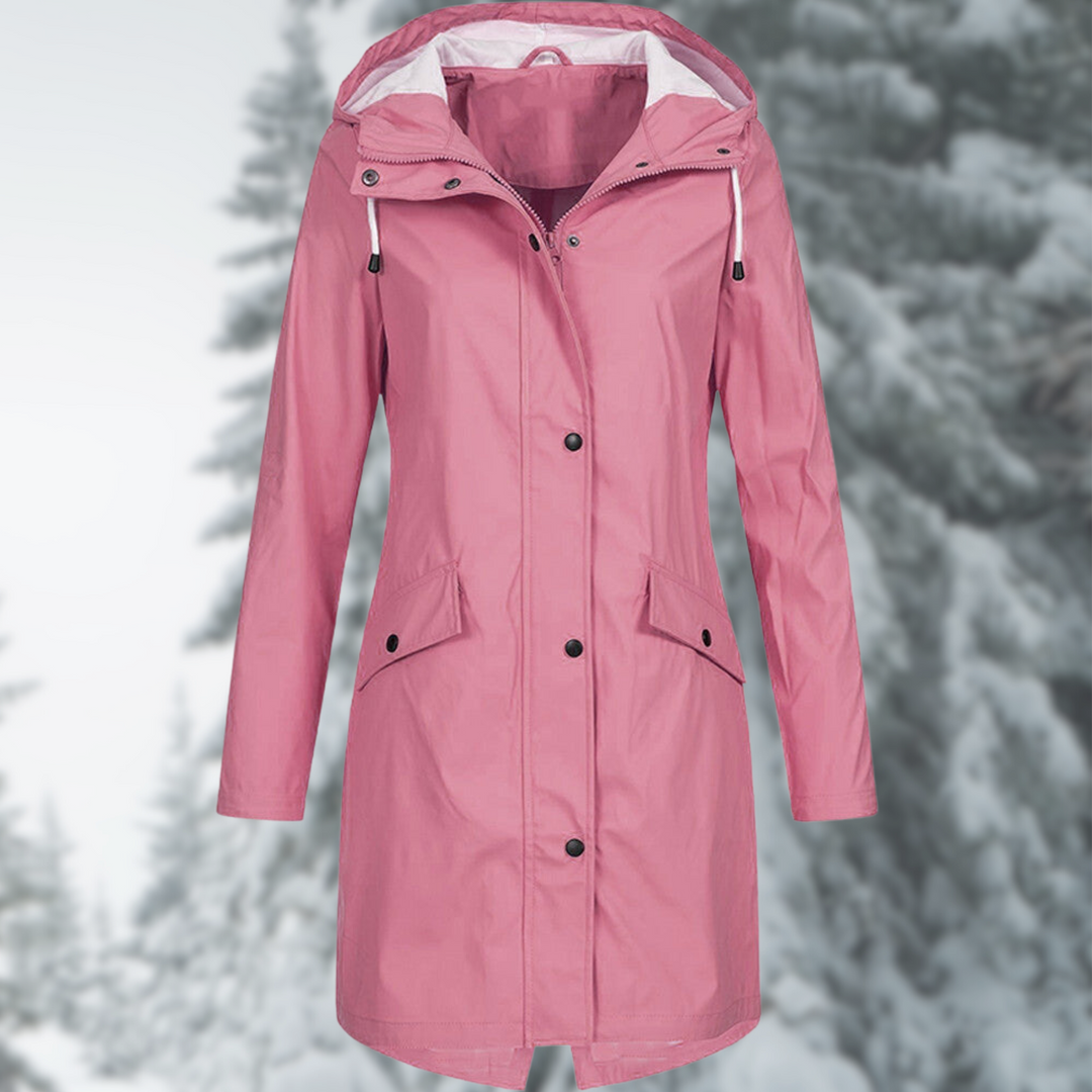 Delphine light blue hooded rain jacket, front view