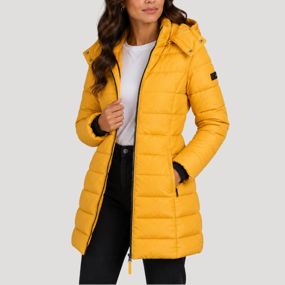 Delphine yellow longline hooded puffer jacket, front view