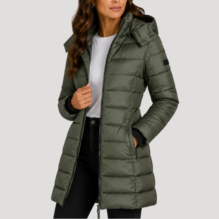 Delphine green longline hooded puffer jacket, front view