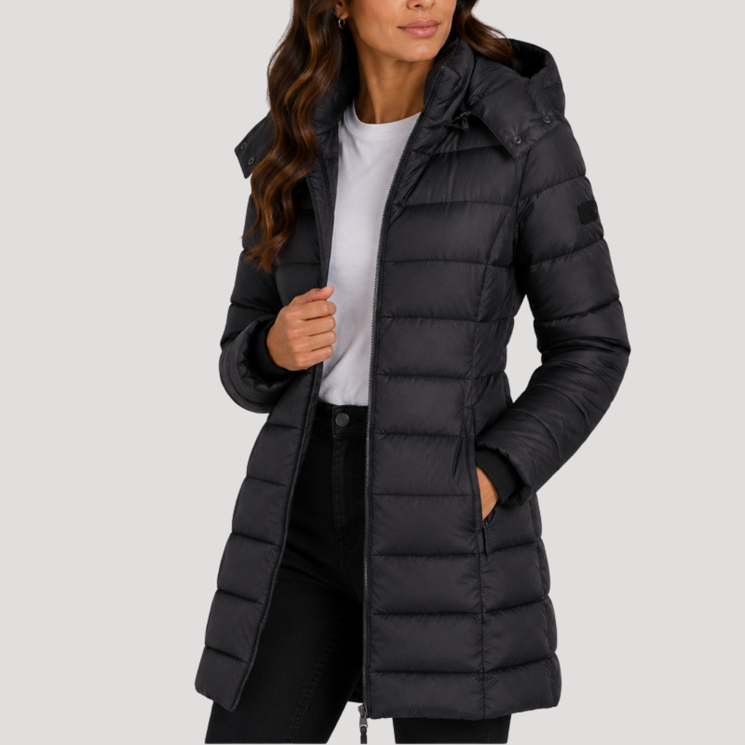 Delphine beige longline hooded puffer jacket, front view