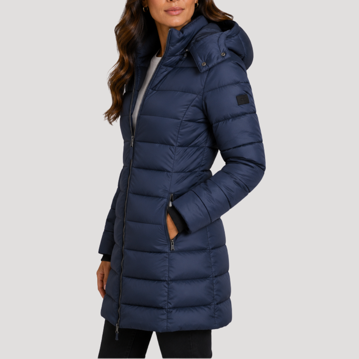 Delphine beige longline hooded puffer jacket, front view